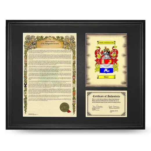 Siner Framed Surname History and Coat of Arms - Black