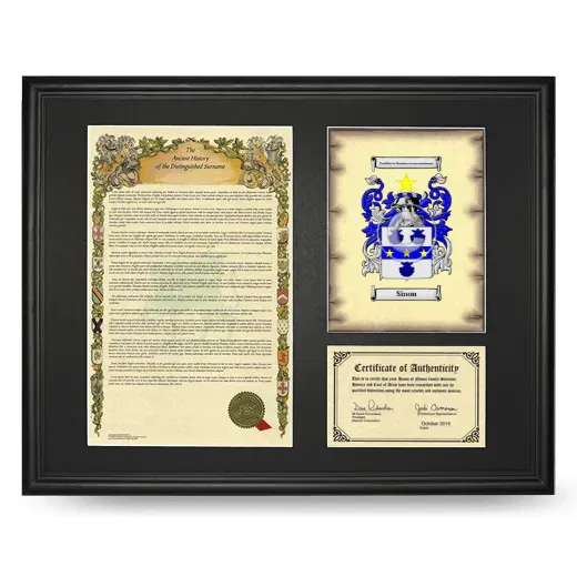 Sinon Framed Surname History and Coat of Arms - Black