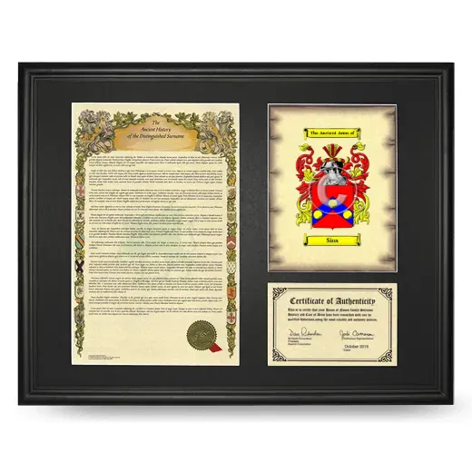 Sins Framed Surname History and Coat of Arms - Black