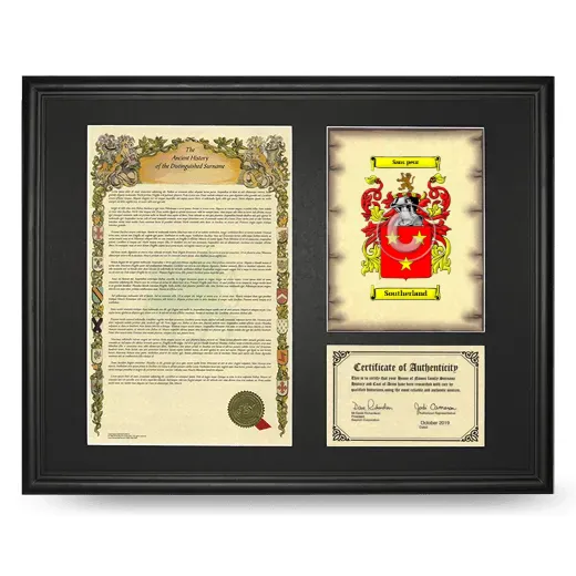 Southerland Framed Surname History and Coat of Arms - Black