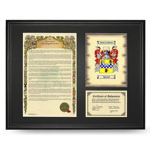 Sprowl Framed Surname History and Coat of Arms - Black