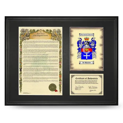 St-Maurice Framed Surname History and Coat of Arms - Black