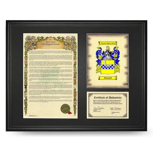 Steward Framed Surname History and Coat of Arms - Black
