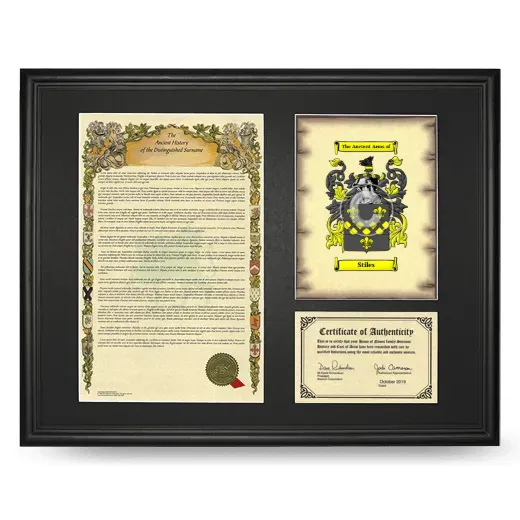Stiles Framed Surname History and Coat of Arms - Black