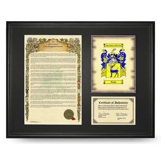Stran Framed Surname History and Coat of Arms - Black