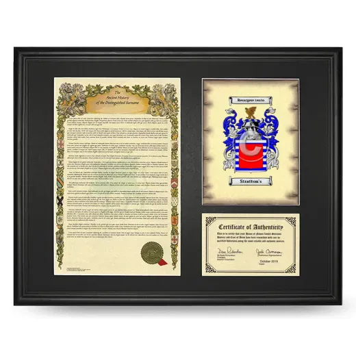 Stratton's Framed Surname History and Coat of Arms - Black