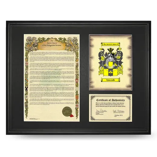 Symonds Framed Surname History and Coat of Arms - Black