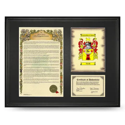 Torak Framed Surname History and Coat of Arms - Black