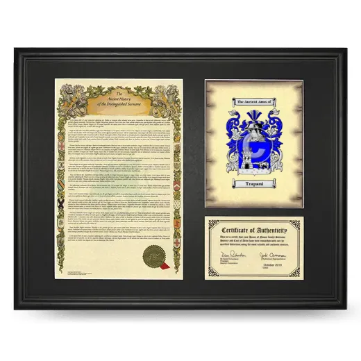 Trapani Framed Surname History and Coat of Arms - Black