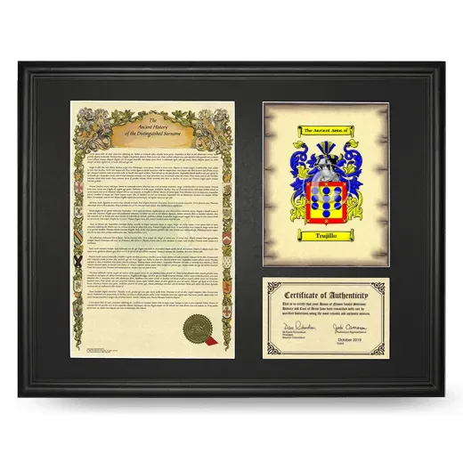 Trujillo Framed Surname History and Coat of Arms - Black