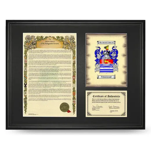 Usherwood Framed Surname History and Coat of Arms - Black