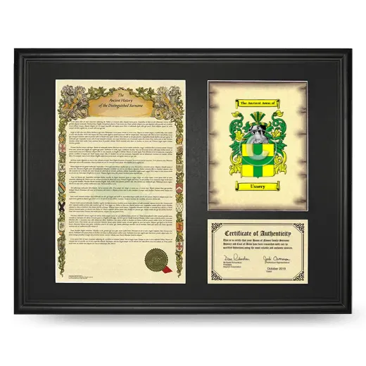 Ussery Framed Surname History and Coat of Arms - Black