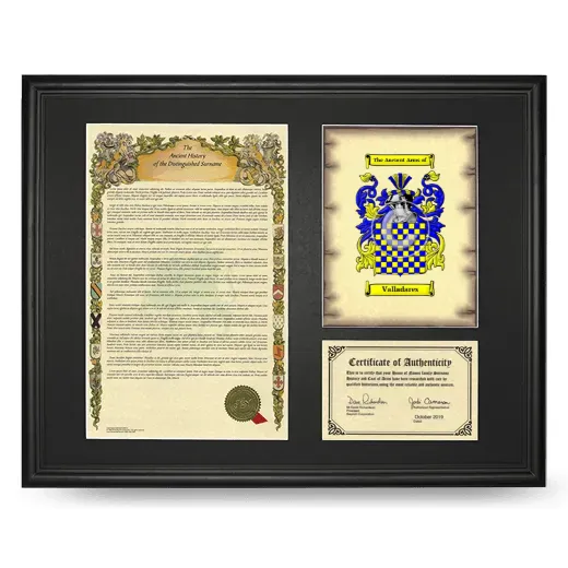 Valladares Framed Surname History and Coat of Arms - Black