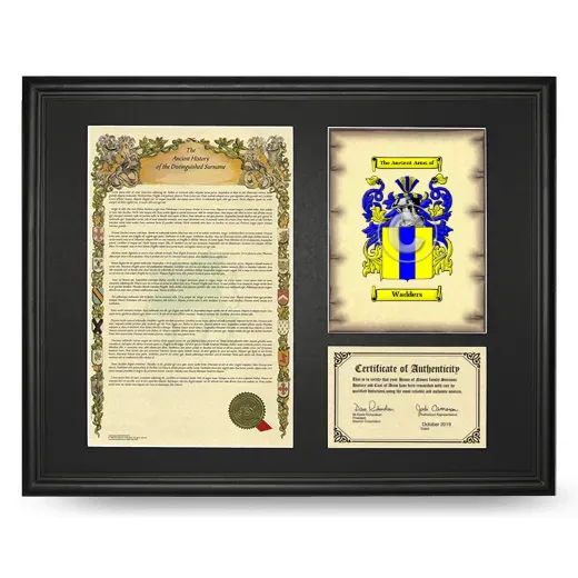 Wadders Framed Surname History and Coat of Arms - Black
