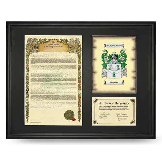 Wardon Framed Surname History and Coat of Arms - Black