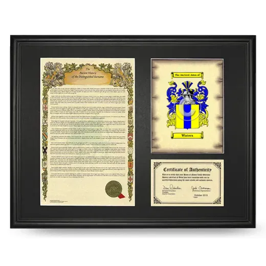 Waters Framed Surname History and Coat of Arms - Black