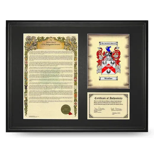 Weather Framed Surname History and Coat of Arms - Black