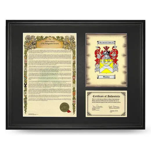 Westry Framed Surname History and Coat of Arms - Black