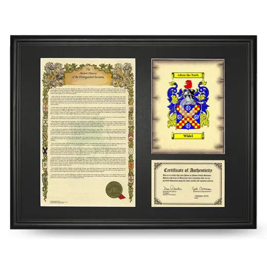 Widel Framed Surname History and Coat of Arms - Black
