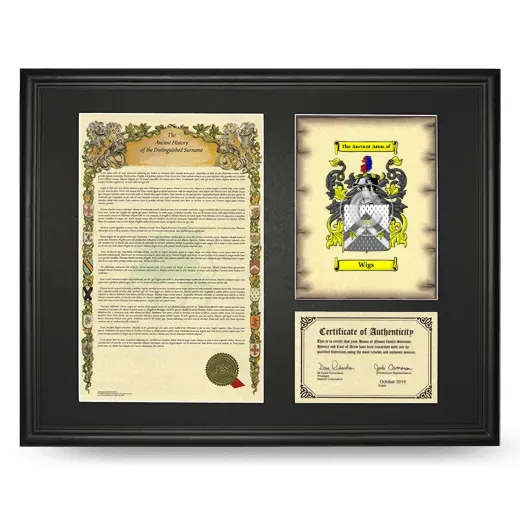Wigs Framed Surname History and Coat of Arms - Black