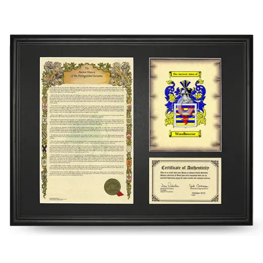 Woodbourne Framed Surname History and Coat of Arms - Black