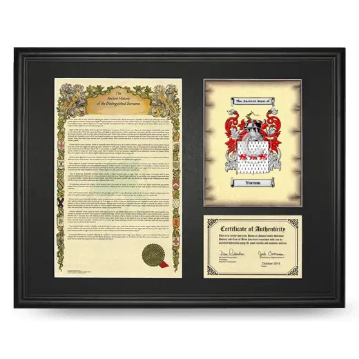 Yocum Framed Surname History and Coat of Arms - Black
