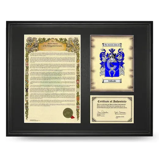 Zalinski Framed Surname History and Coat of Arms - Black