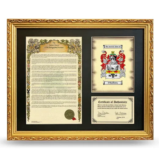 O'Rafferty Framed Surname History and Coat of Arms- Gold