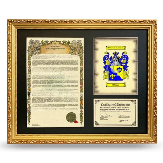 O'Shae Framed Surname History and Coat of Arms- Gold