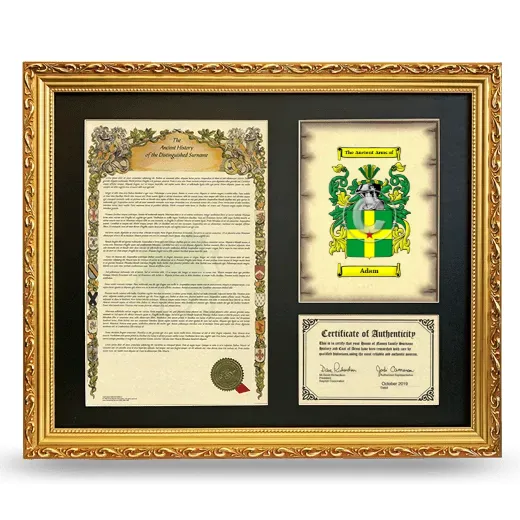 Adam Framed Surname History and Coat of Arms- Gold