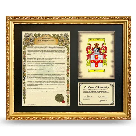 Adams Framed Surname History and Coat of Arms- Gold
