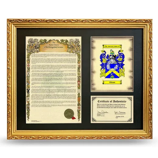 Almas Framed Surname History and Coat of Arms- Gold