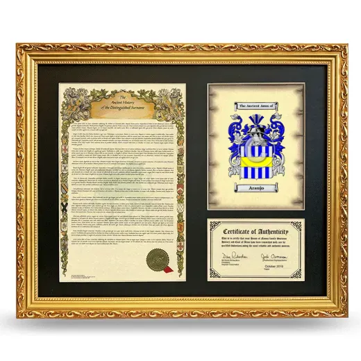 Araujo Framed Surname History and Coat of Arms- Gold
