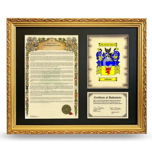 Ashcom Framed Surname History and Coat of Arms- Gold