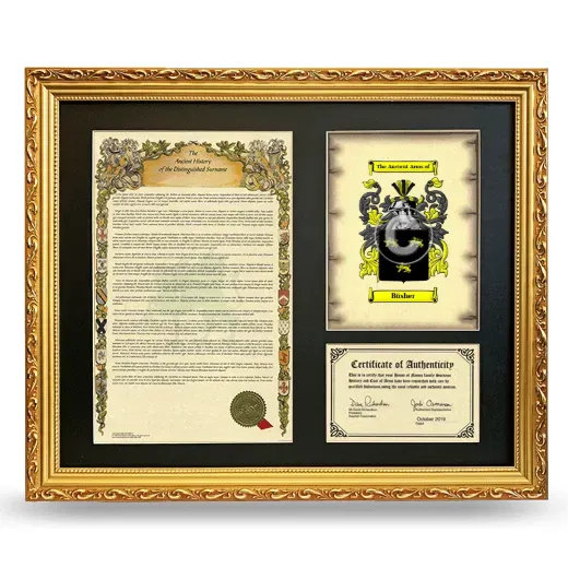 Büsher Framed Surname History and Coat of Arms- Gold
