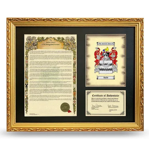 Barle Framed Surname History and Coat of Arms- Gold