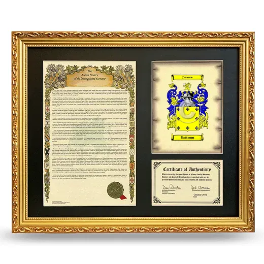 Buttrum Framed Surname History and Coat of Arms- Gold