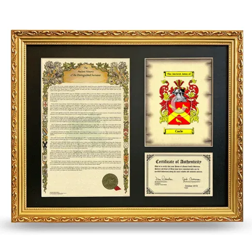 Carle Framed Surname History and Coat of Arms- Gold