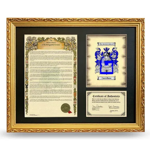 Castellano Framed Surname History and Coat of Arms- Gold