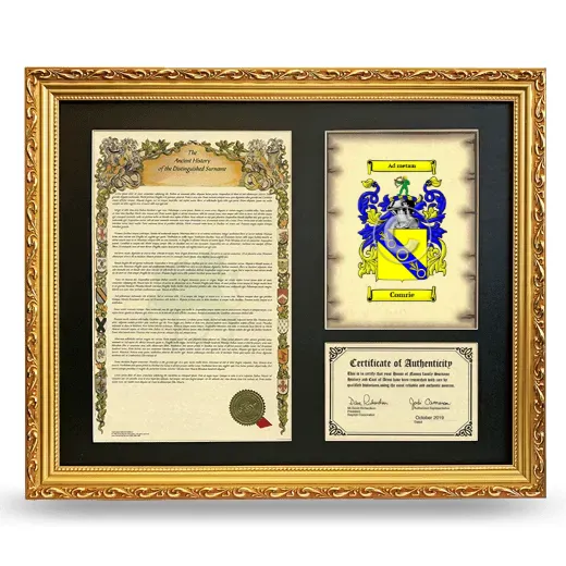 Comrie Framed Surname History and Coat of Arms- Gold