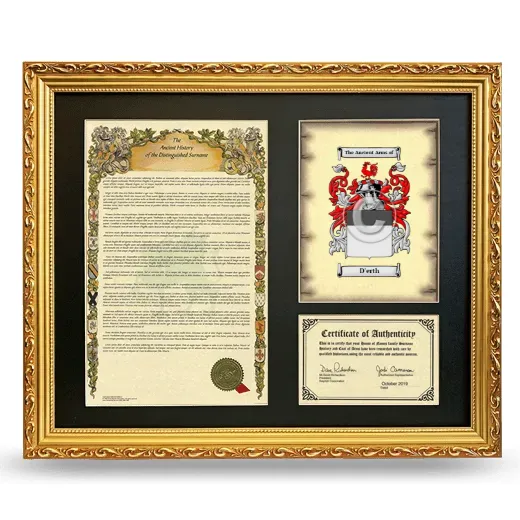 D'erth Framed Surname History and Coat of Arms- Gold