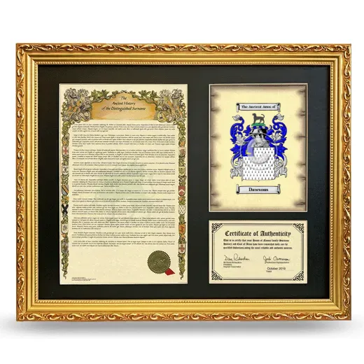 Dawsons Framed Surname History and Coat of Arms- Gold