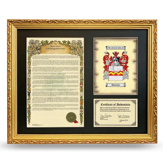 Deursen Framed Surname History and Coat of Arms- Gold