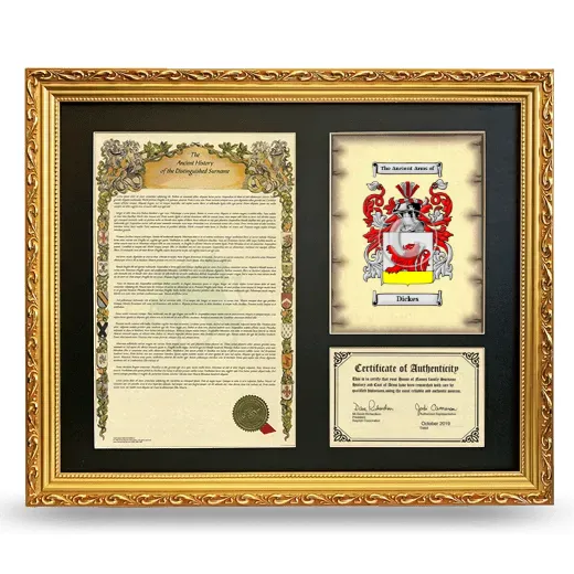 Dickes Framed Surname History and Coat of Arms- Gold