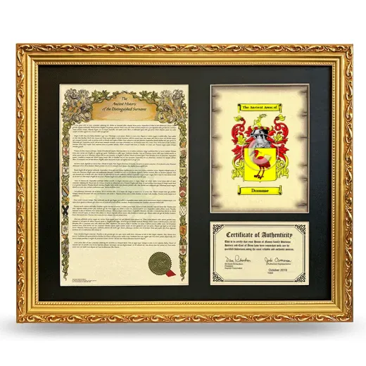 Domme Framed Surname History and Coat of Arms- Gold