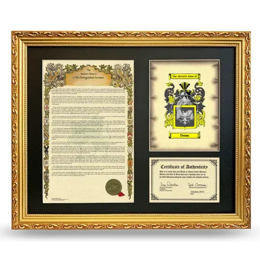 Dunn Framed Surname History and Coat of Arms- Gold