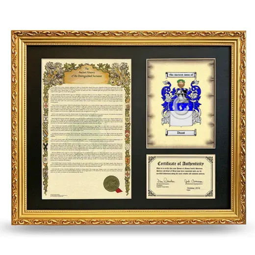 Dunt Framed Surname History and Coat of Arms- Gold