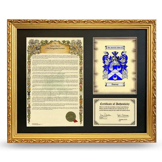 Durrey Framed Surname History and Coat of Arms- Gold