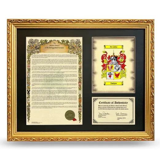 Entyre Framed Surname History and Coat of Arms- Gold