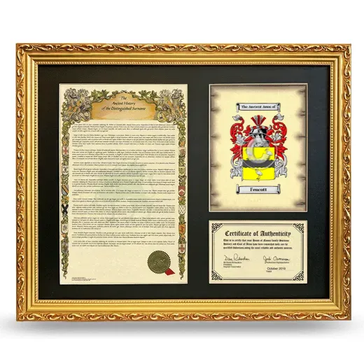 Fencott Framed Surname History and Coat of Arms- Gold
